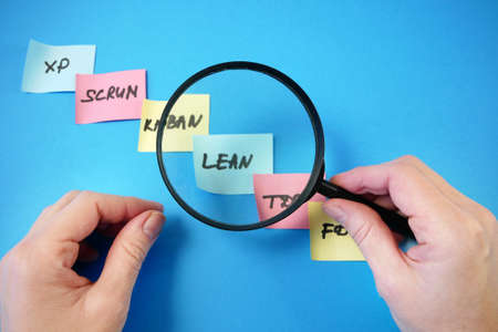 software scrum agile board with paper tasks, agile software development methodologies concept,...