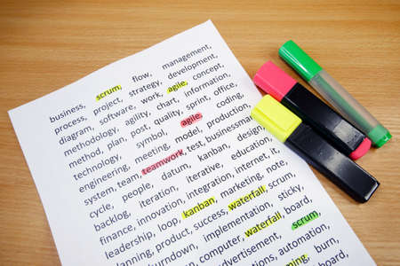 Words about agile undelnines among other words printed on white paper. projects methodology and development team workflow concept. close upの写真素材