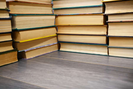 stack of books on the shelf, pile Of old books, closeupの写真素材