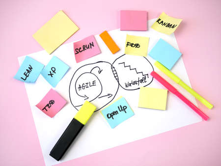 waterfall vs agile paper task on blue background, software development methodologies concept,...