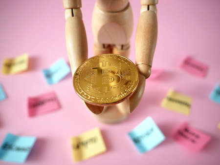 Bitcoin new virtual money and and tickers about blockchain and crypto currency background. Exchange bitcoin for a dollar. concept. close upの写真素材