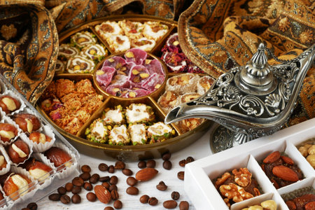 Eastern sweets with nuts, candy, dates in box background, closeup