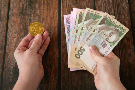 Bitcoin new virtual money and banknotes of money. Exchange bitcoin for a money. concept. close up