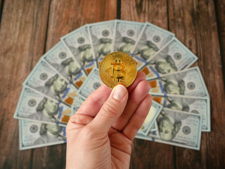 Bitcoin new virtual money and banknotes of money. Exchange bitcoin for a money. concept. close upの写真素材