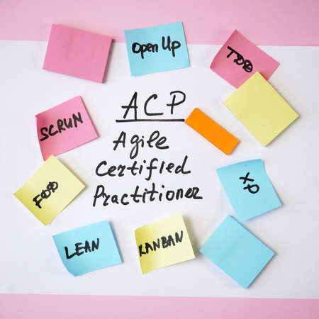 PMI Agile Certified Practitioner (PMI-ACP) words on white sheet and paper tasks, agile software...