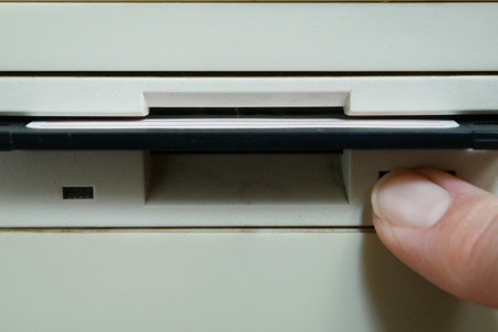 Top secret information on retro vintage floppy disk magnetic computer, 3 1/2 disk, concept, closeupの写真素材