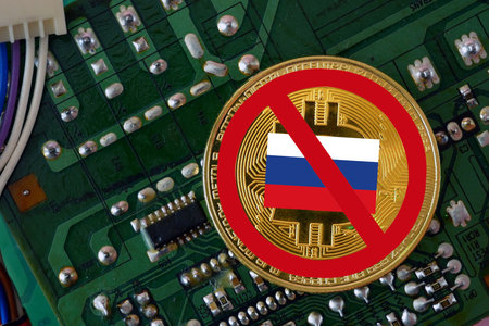 bitcoin and red forbidding sign with Russia flag. Russia's Bitcoin investors ban, Not Illegal, Ban BTC, block chain technology for crypto currency, conceptの写真素材