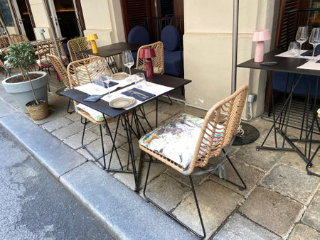 Summer cafe, empty tables in outdoors cafe in Europe, Coffeeshop, Cafe on the street, outdoorsのeditorial素材