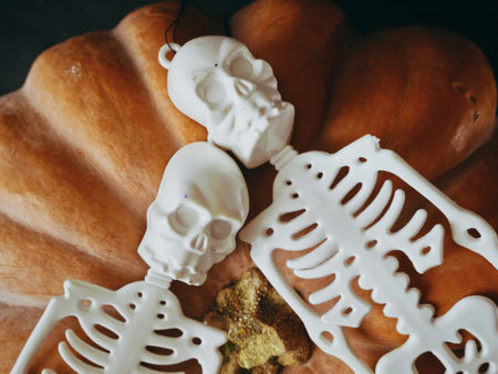 Funny happy halloween skeleton and pumpkin Jack O Lantern. Halloween festive for banner, poster,...