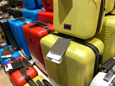 many different colorful modern suitcases, Set of suitcases with price tags in shop, pile of new travel suitcases luggages stacked, backgroundの写真素材