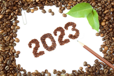 Coffee new year 2023, coffee beans, cup of coffee isolated on white background, happy new year...