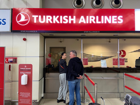 Turkey, Antalya - 02 10 2023: Turkish Airlines ticket sale offices at airport. Antalya airportのeditorial素材