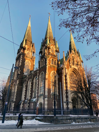Lviv, Ukraine. - 02 11 2023: Cathedral of Saints Olga and Elizabeth, Building of baroque and gothic architecture. Outdoorsのeditorial素材