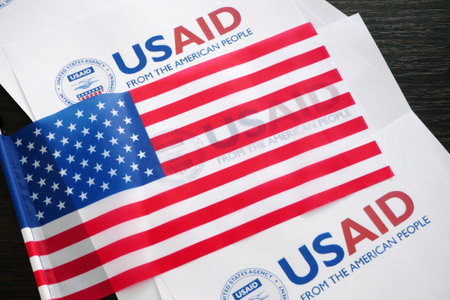 Kiev, Ukraine - 02 12 2023: USAid and US flag, USAid is USA agency for international development -...