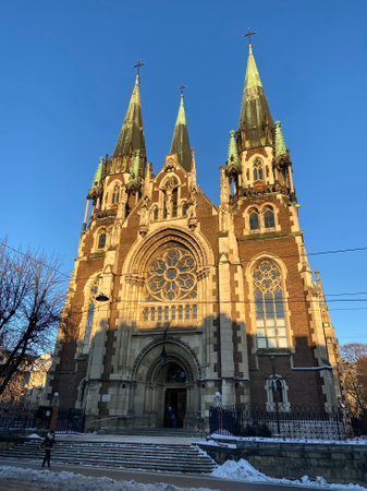 Lviv, Ukraine. - 02 11 2023: Cathedral of Saints Olga and Elizabeth, Building of baroque and gothic architecture. Outdoorsのeditorial素材