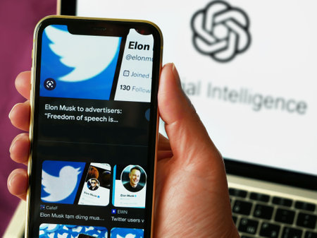 Lviv, Ukraine - 04 24 2023: news feed about Elon Musk in a smartphone against the background of a symbol Open AI on a web page on a laptop screen, closeupのeditorial素材
