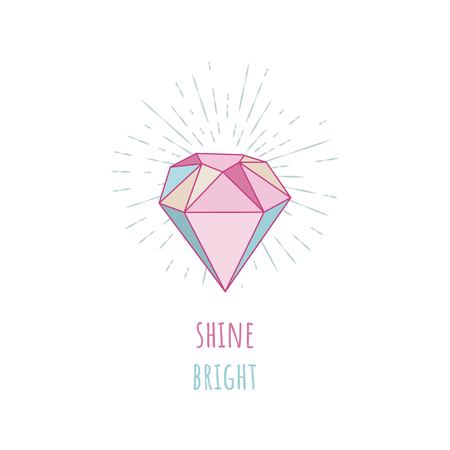 Shine bright. Diamond in the vintage sunbursts. Illustration with crystals, gem and minerals on a white background.のイラスト素材