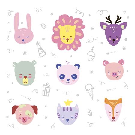 Vector set with cute animal. Bunny, bear, lion, pig, deer, Fox, cat, Panda and dog.のイラスト素材