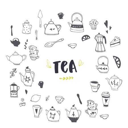 Hand drawn teapot and cup collection. Doodle tea cups, coffee cups and teapots. Vector illustration on tea time icons for cafe and restaurant menu designのイラスト素材