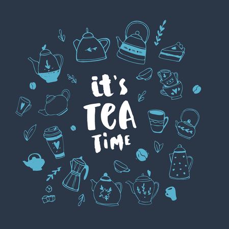 It's tea time. Hand drawn teapot and cup collection. Doodle tea cups, coffee cups and teapots. Vector illustration on tea time icons for cafe and restaurant menu designの写真素材