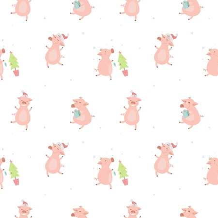 Seamless pattern of cute pigs. 2019. Pigs with different characters. Vector illustration.の写真素材