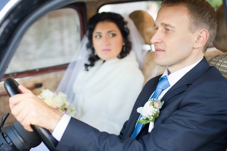 The bride and groom in wedding day for a walkの写真素材