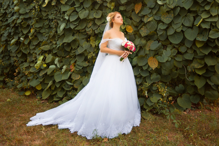 Stylish bride in a white wedding dress in summer dayの写真素材