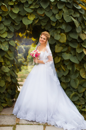 Stylish bride in a white wedding dress in summer dayの写真素材