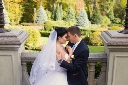 The groom tenderly embraced the happy bride in the summer parkの写真素材