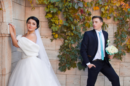 Stylish newlyweds posing on a photo shoot against the backdrop of a brick wallの写真素材