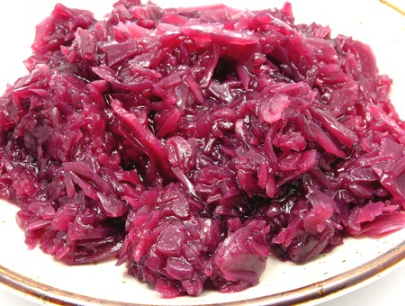 Cooked red cabbage arranged on a plateの写真素材