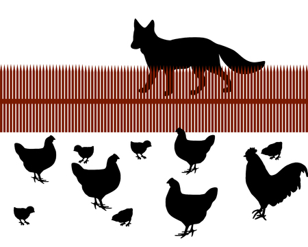 Fox behind a fence looking for chicken as foodのイラスト素材