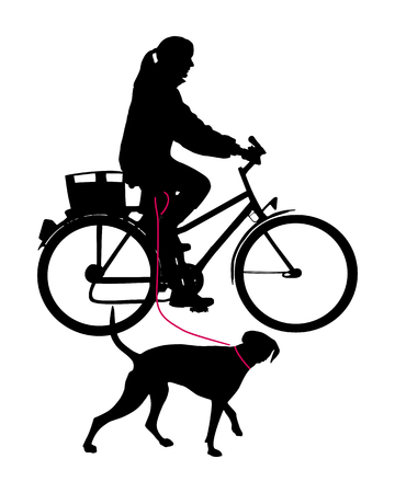 Woman on bicycle with dog on leashのイラスト素材