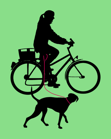 Woman on bicycle with dog on leashのイラスト素材
