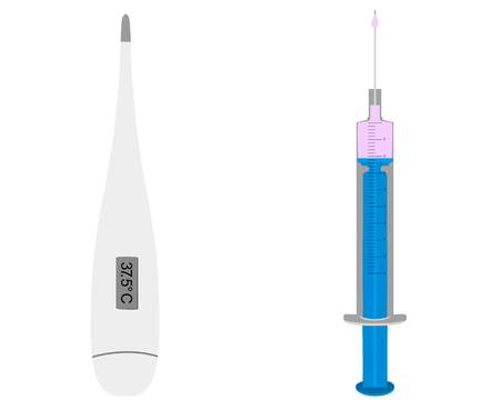 Illustration of clinical thermometer and injection on whiteのイラスト素材