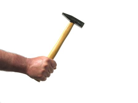 Man hold a hammer in his hand on white backgroundの写真素材