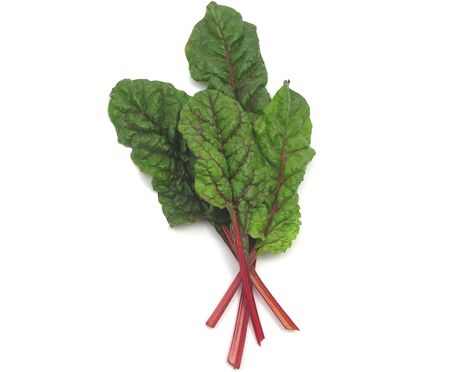 Four red stemmed chard leaves crossed on white backgroundの写真素材