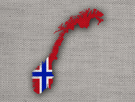 Map and flag of Norway on linenの写真素材
