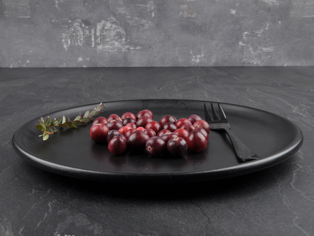 Cranberries with plate on shaleの写真素材