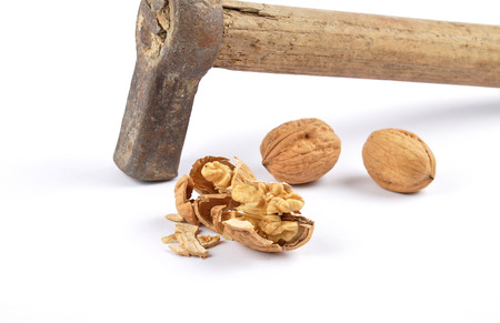 Walnuts and hammer on white