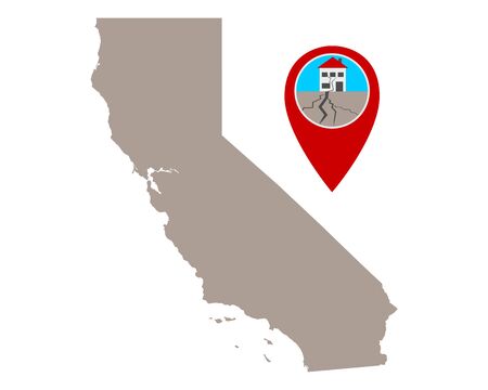 Map of California and pin with earthquake symbolのイラスト素材