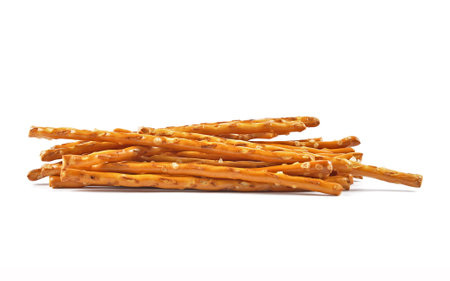 Pretzel sticks as a snack on a white backgroundの写真素材