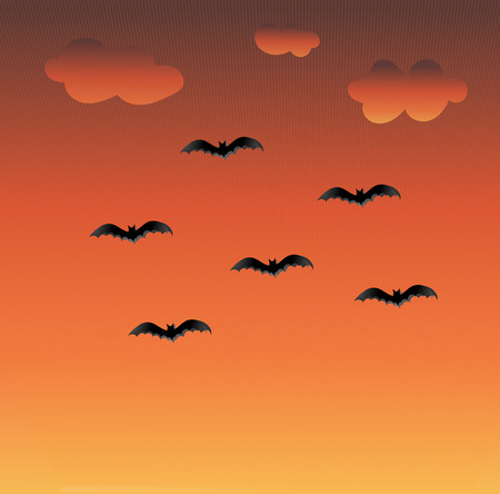Sunset colors background with clouds and flying batsのイラスト素材