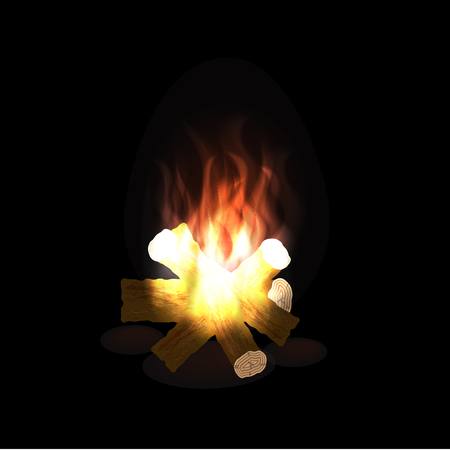 Camp fire, logs and flames, black background, nightのイラスト素材