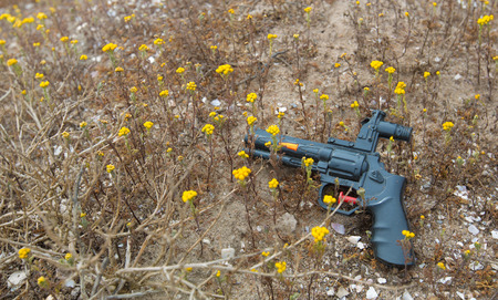 A black toy gun in the dirt with yellow flowers