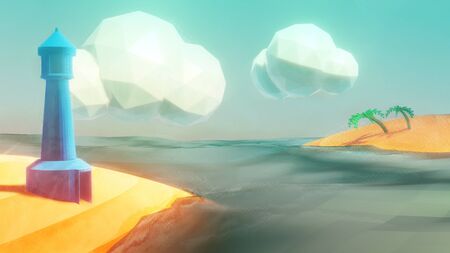 3D Illustration of a stylised beach scene with lighthouse and cloudsの写真素材