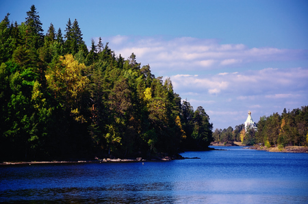 Valaam Island on Ladoga Lake in Karelia, Russia. Monastery Bay with St. Nicholas Sketeの写真素材