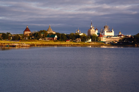 Solovetsky Monastery and Solovetsky Village on Bolshoy Solovetsky Island Solovki Islands, Russia seen from Water White Sea on Summer Eveningのeditorial素材