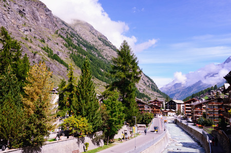 Mountain Resort Town of Zermatt, Canton of Valais, Southern Switzerland, on the Banks of Vispa Riverの写真素材