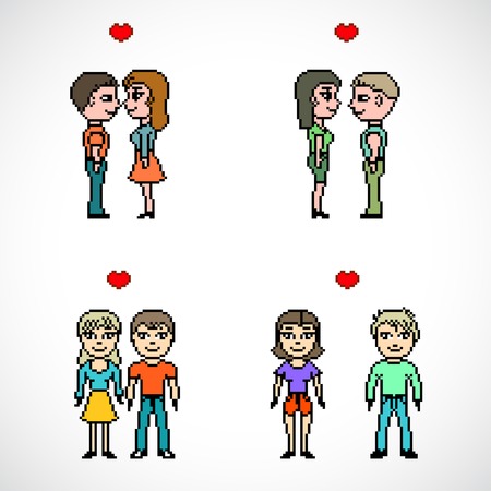 couples of people with heart pixel art vector illustrationのイラスト素材